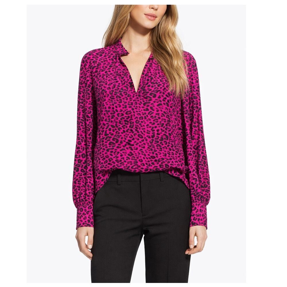Zadig & Voltaire Titus Leo Print Blouse Fuchsia Pink Black Long Sleeve M